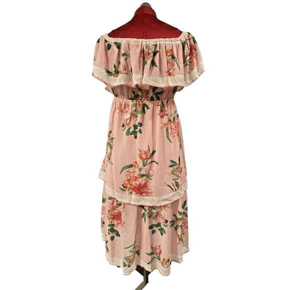 Lulus M Peachy Pink Off The Shoulder Peasant Style Sun Dress Floral Ruffles Lace - Picture 6 of 10